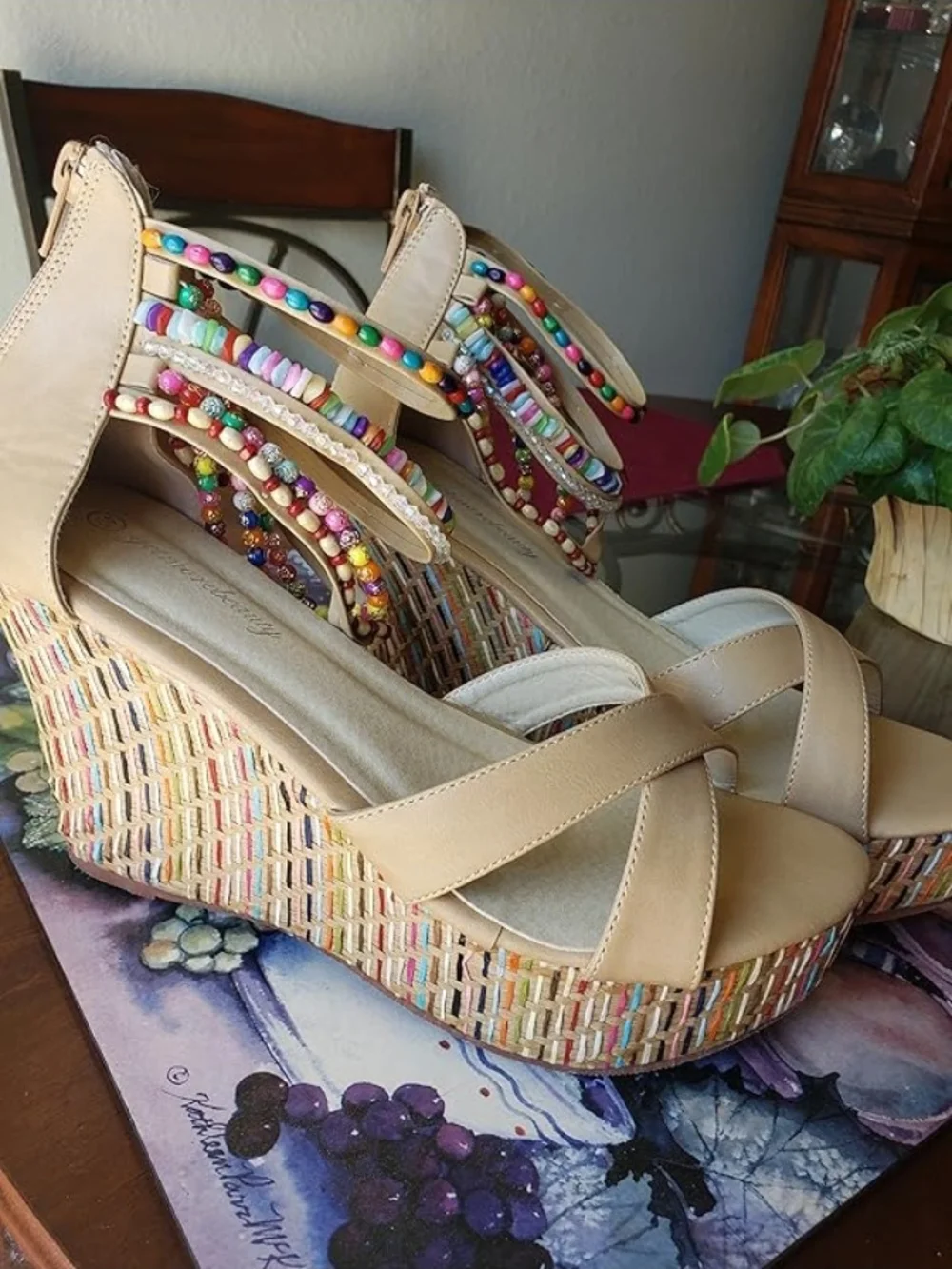 NWT Luxury Boho Beaded Wedge Sandals Colorful Platform Woven Summer Heels